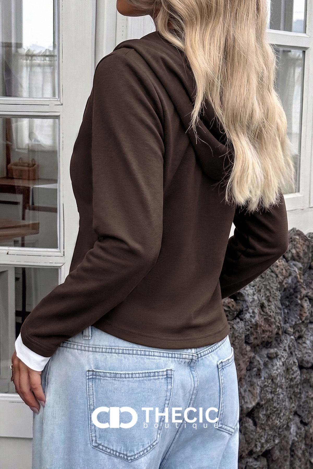 Decorative Button Henley Cropped Hooded Top