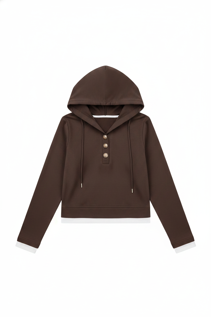 Decorative Button Henley Cropped Hooded Top
