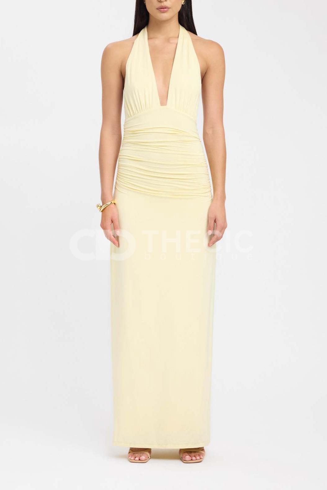 Deep V-Neck Halter Ruched Backless Maxi Dress