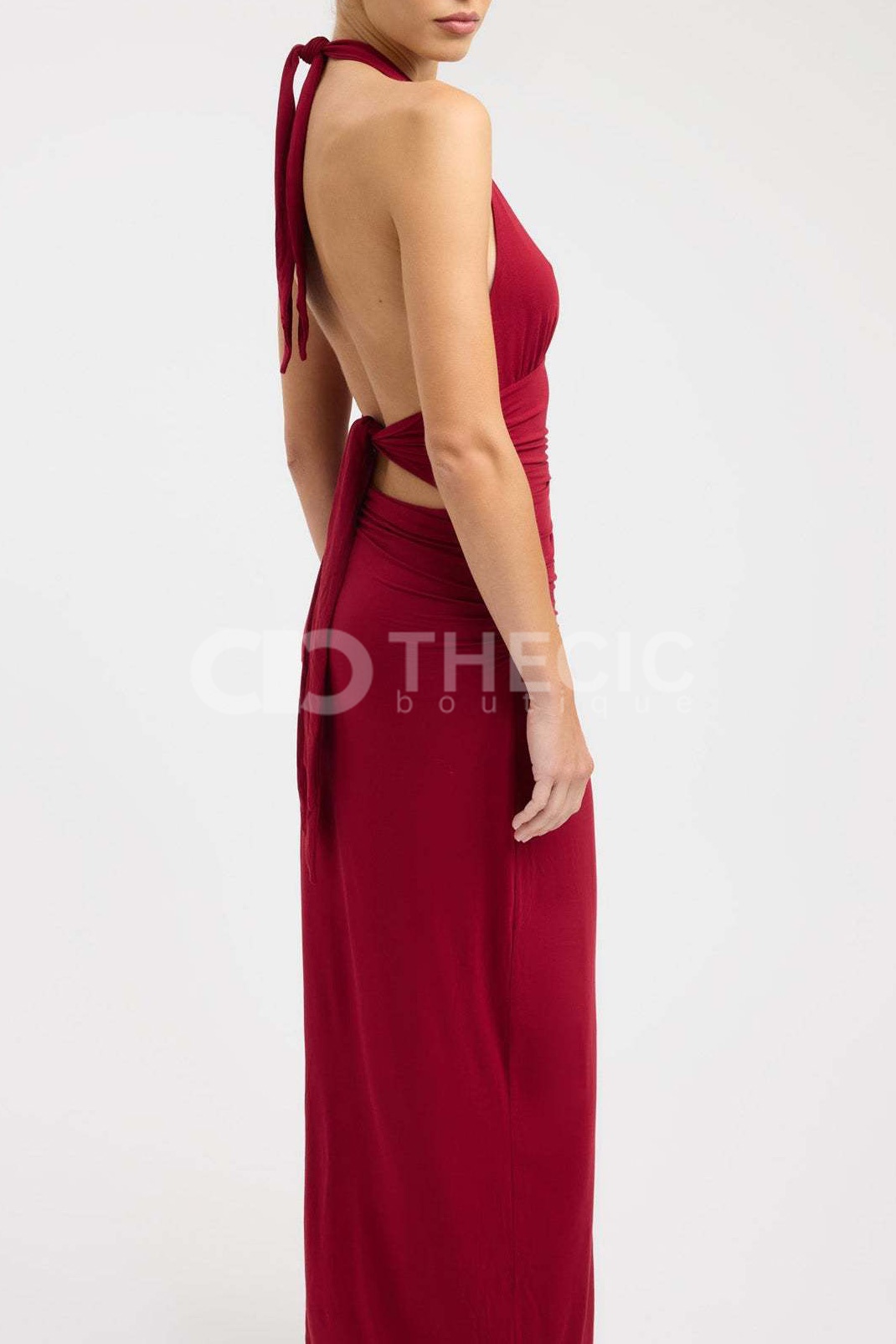 Deep V-Neck Halter Ruched Backless Maxi Dress