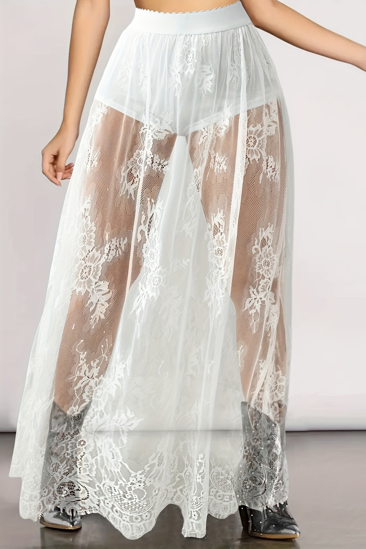 Delicate Floral Lace Sheer Maxi Skirt