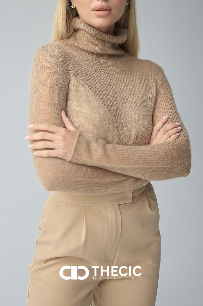 Delicate Sheer Knit Turtleneck Pullover Sweater
