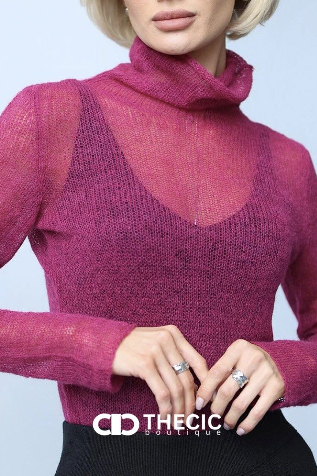 Delicate Sheer Knit Turtleneck Pullover Sweater