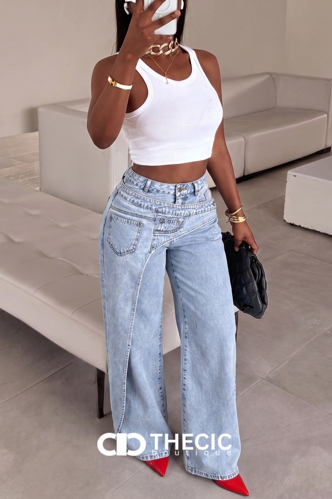 Denim Asymmetrical Waist Wide Leg Jeans