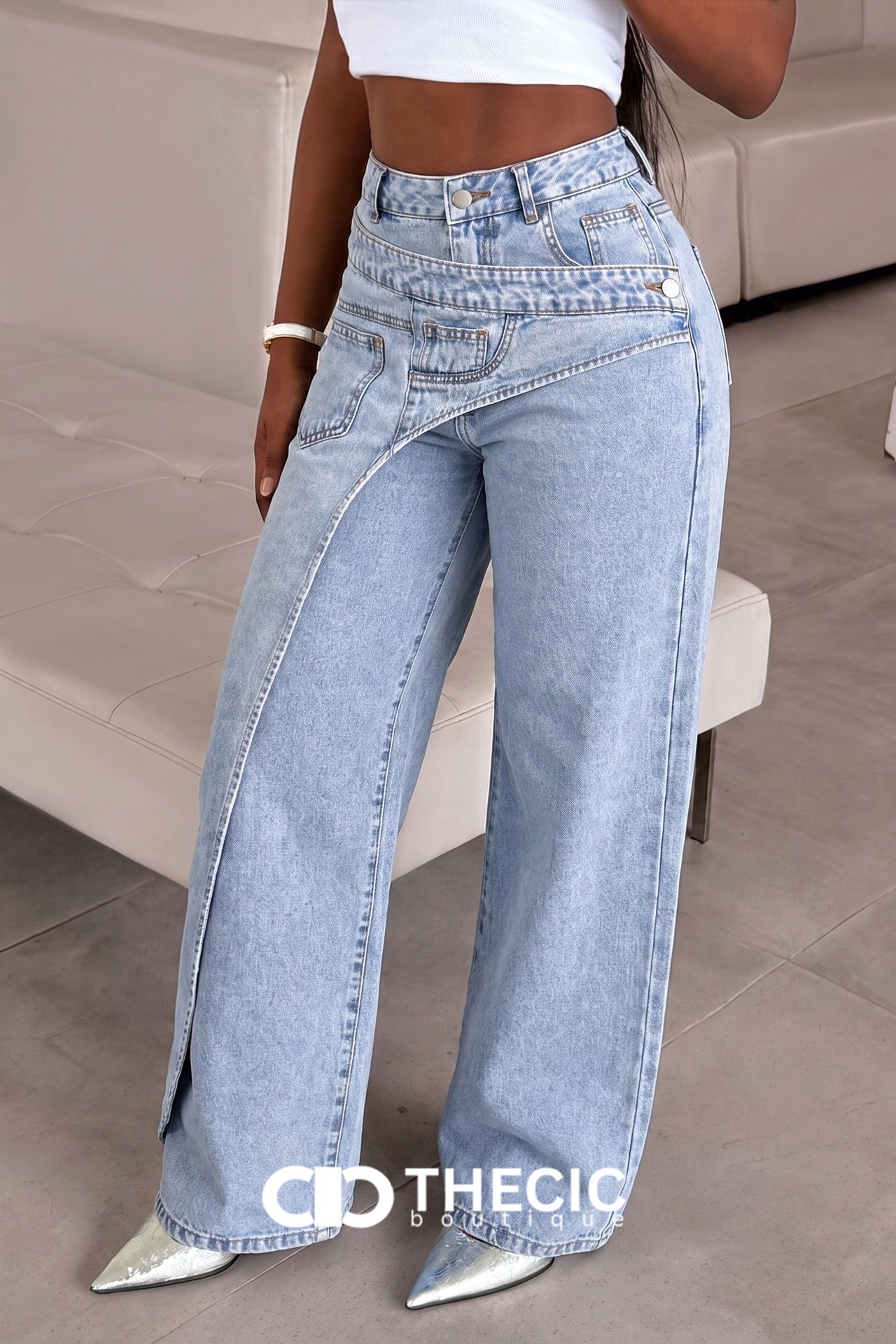 Denim Asymmetrical Waist Wide Leg Jeans