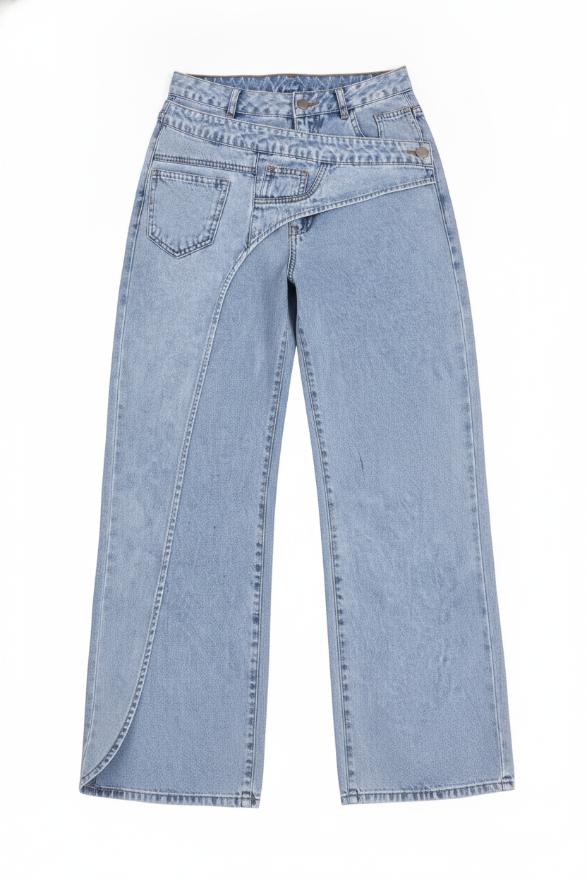 Denim Asymmetrical Waist Wide Leg Jeans