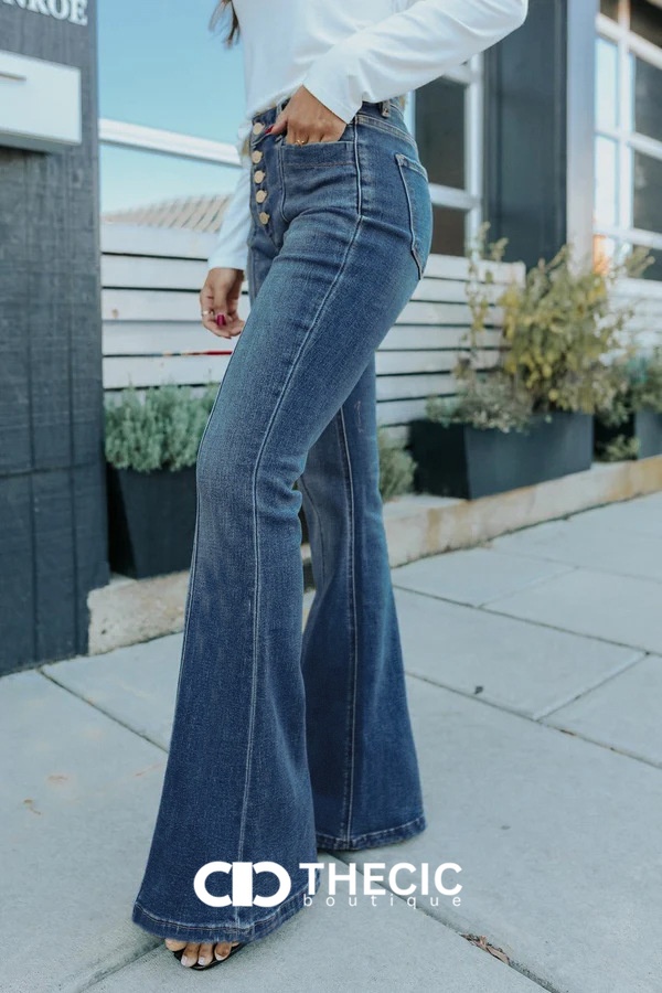 Denim Button-Fly Front Seam Flare Pants