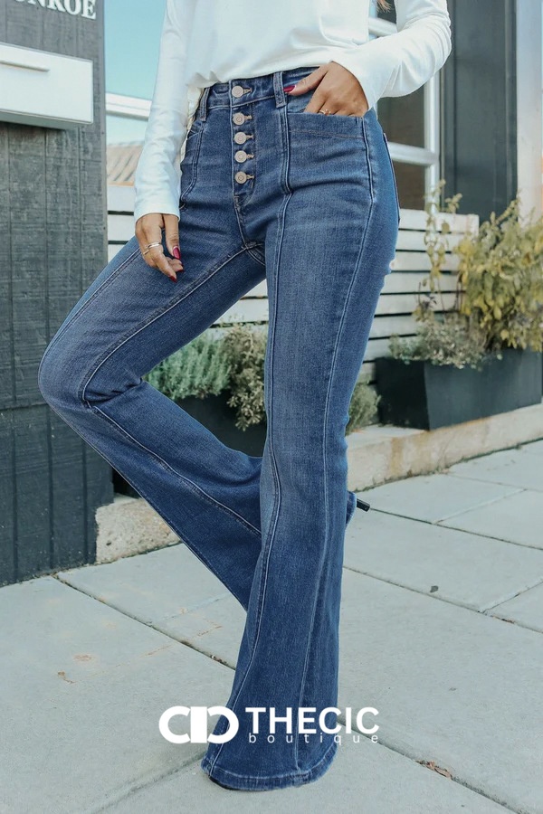Denim Button-Fly Front Seam Flare Pants