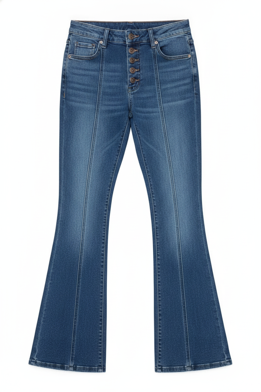 Denim Button-Fly Front Seam Flare Pants