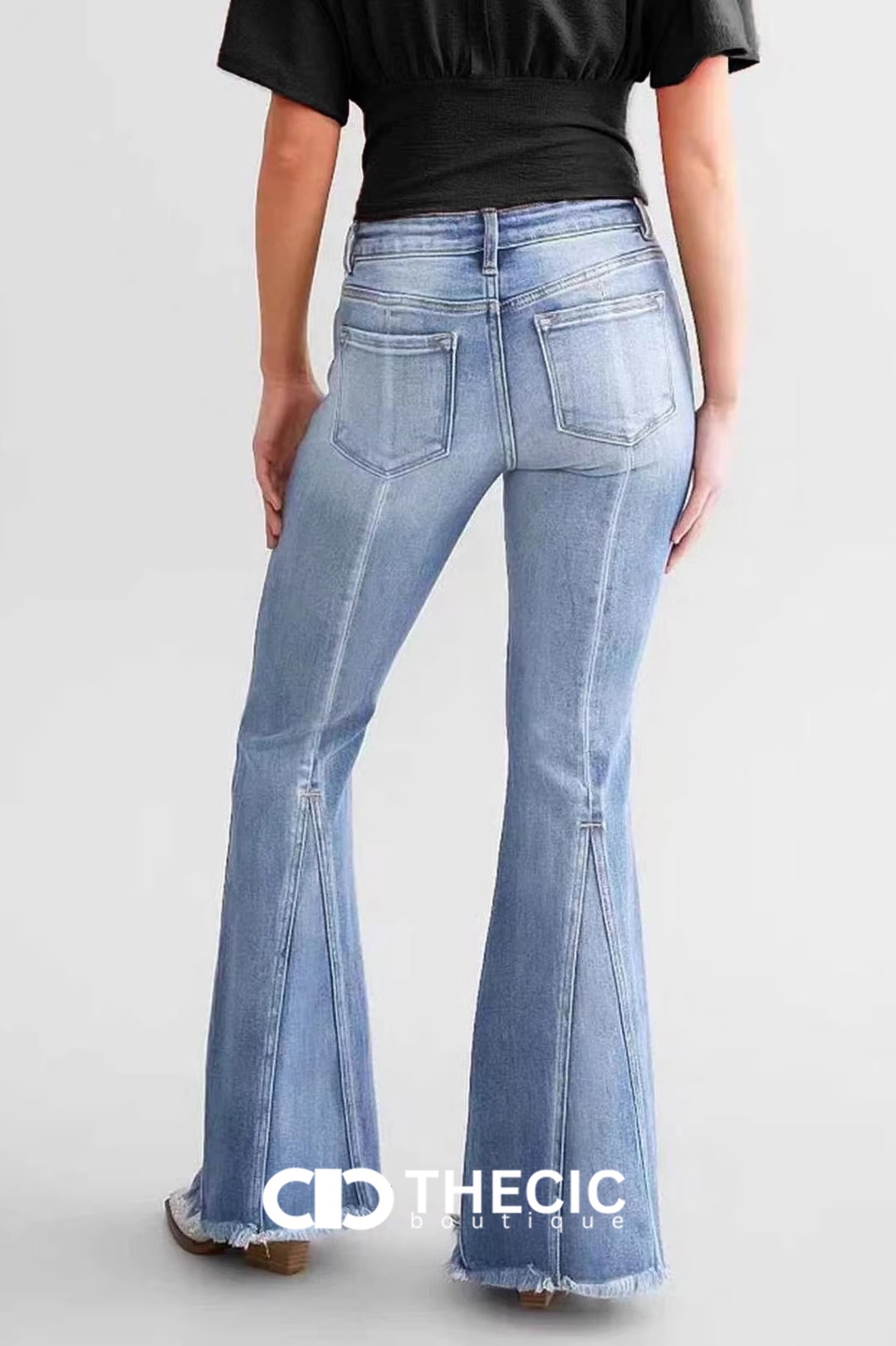 Denim Front Seam Flared Jeans Raw Hem