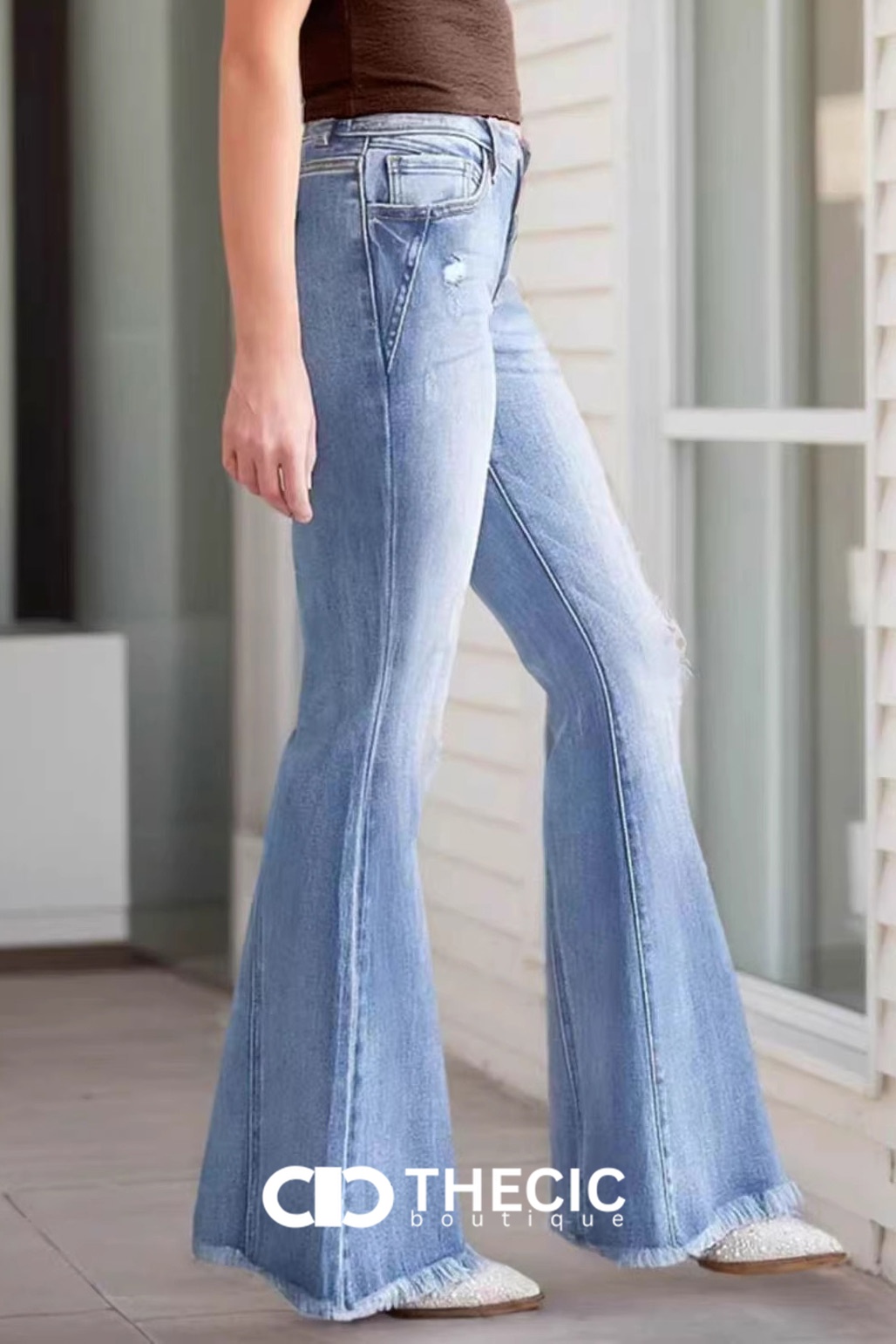Denim Front Seam Flared Jeans Raw Hem