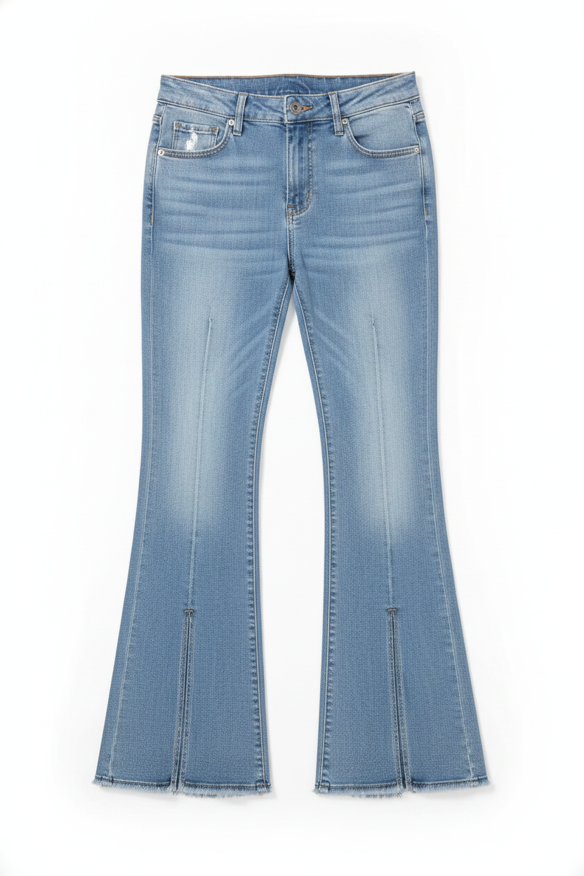 Denim Front Seam Flared Jeans Raw Hem