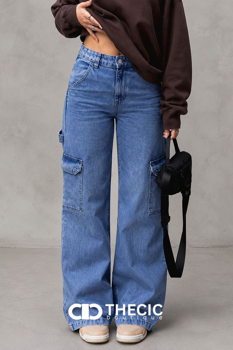 Denim High-Waist Wide-Leg Cargo Pants