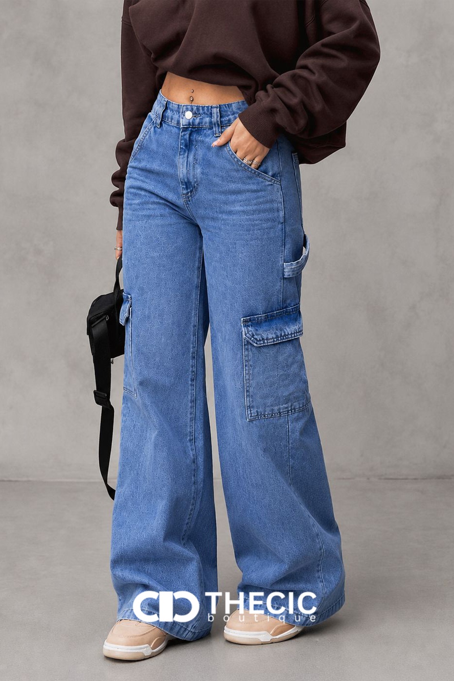 Denim High-Waist Wide-Leg Cargo Pants