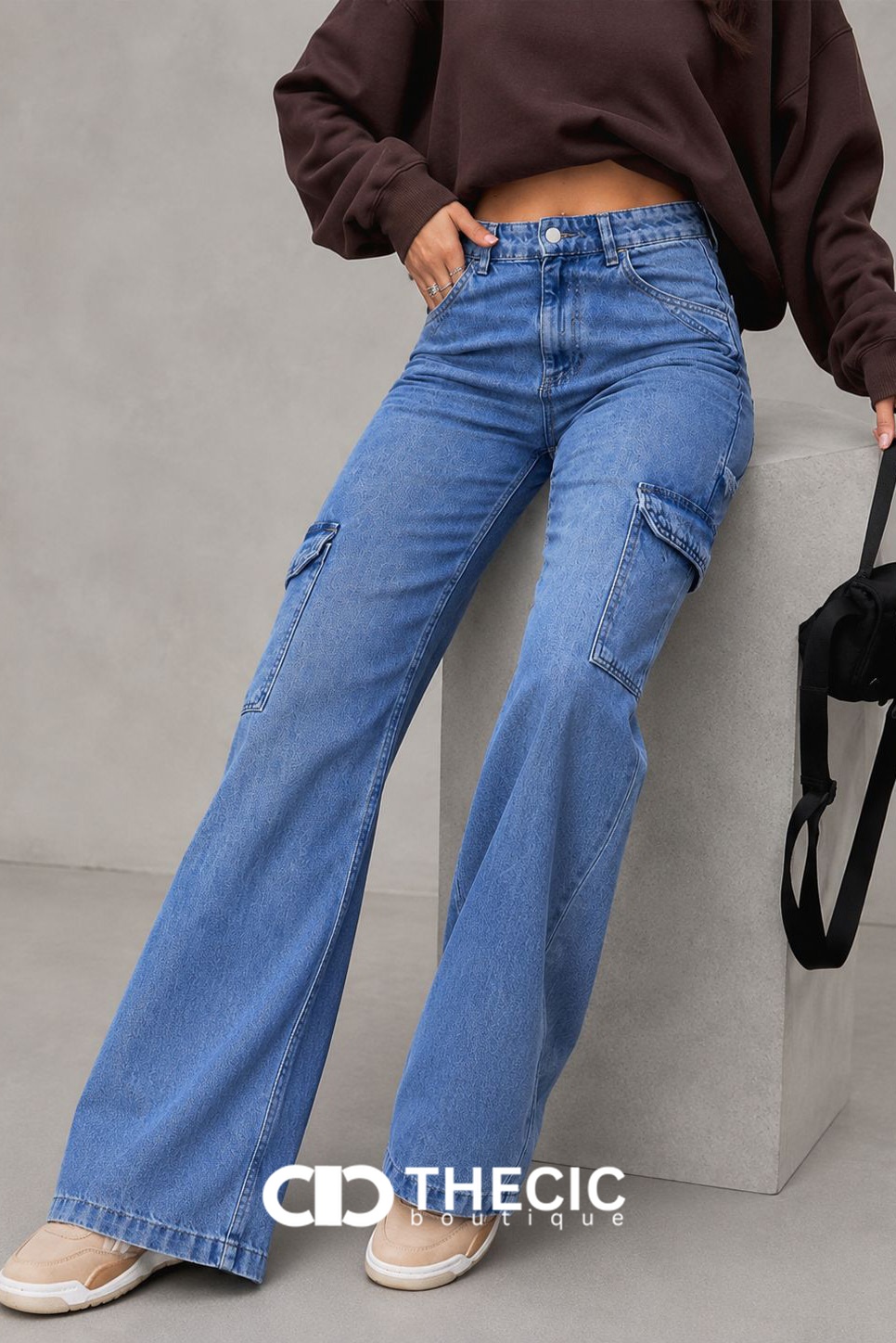 Denim High-Waist Wide-Leg Cargo Pants
