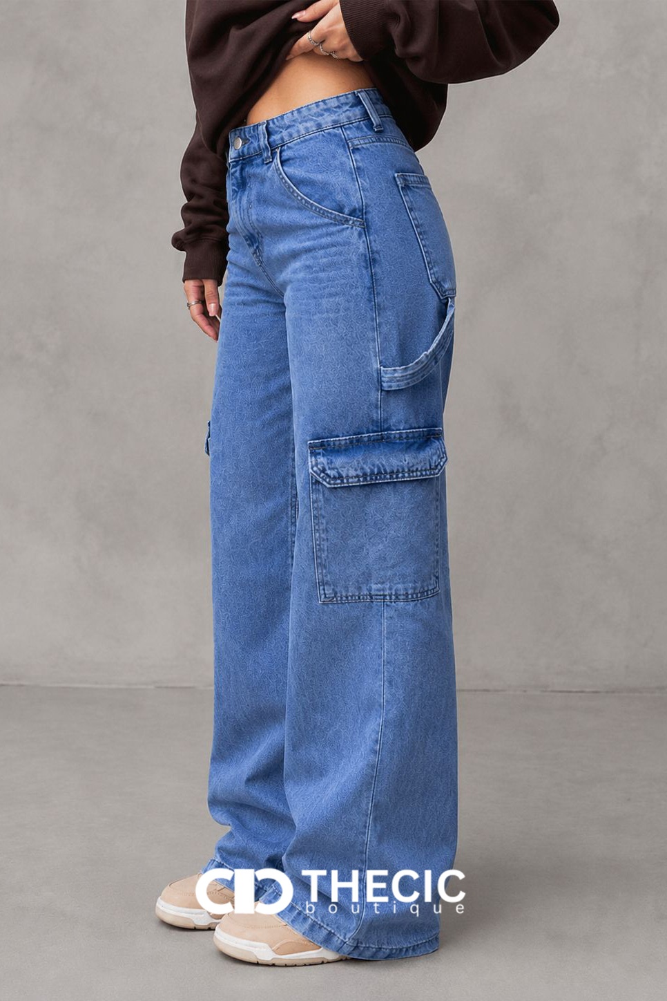 Denim High-Waist Wide-Leg Cargo Pants