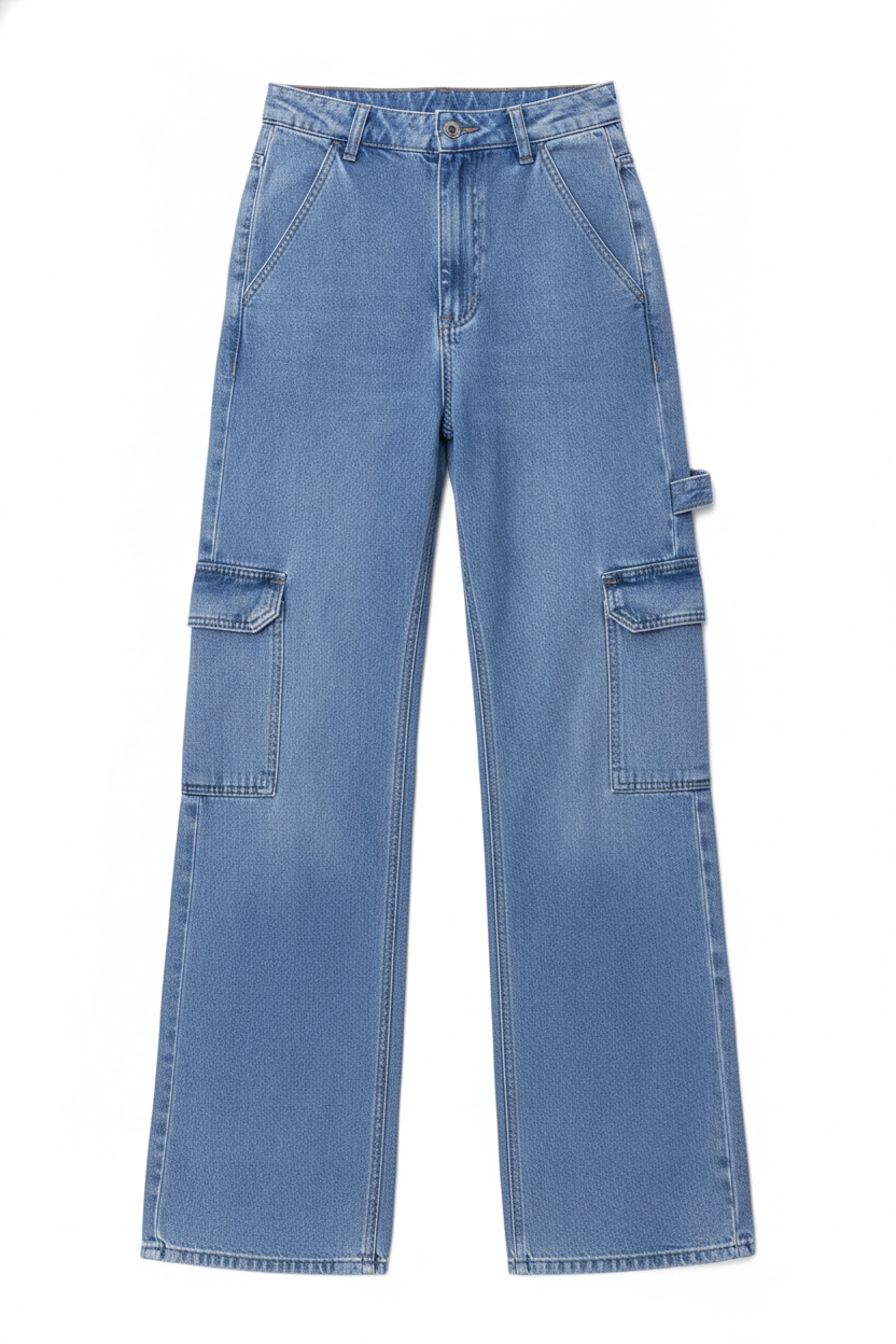 Denim High-Waist Wide-Leg Cargo Pants