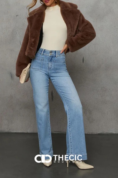 Denim High-Waisted Wide-Leg Patch Pocket Jeans