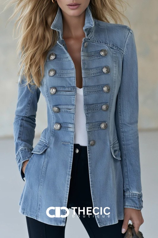 Denim Military Button-Front Stand Collar Jacket
