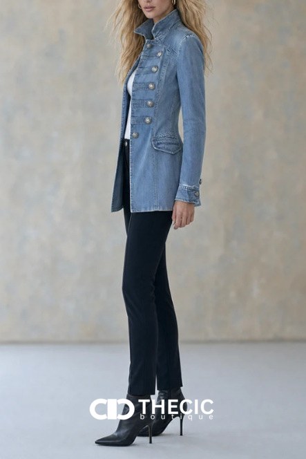 Denim Military Button-Front Stand Collar Jacket
