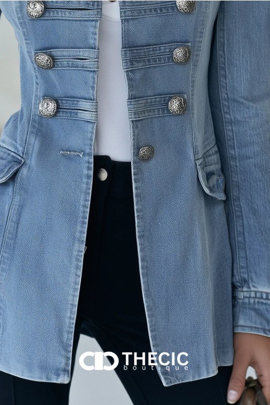 Denim Military Button-Front Stand Collar Jacket