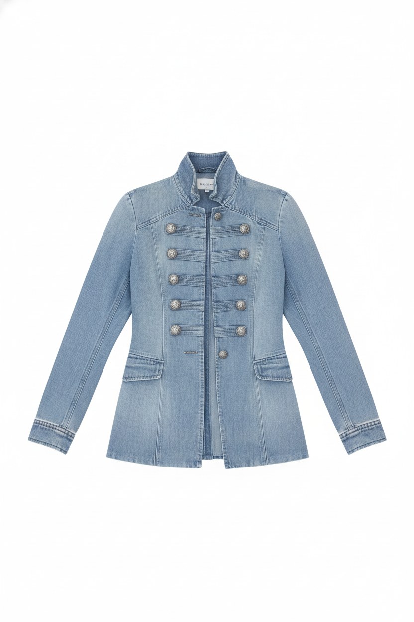 Denim Military Button-Front Stand Collar Jacket