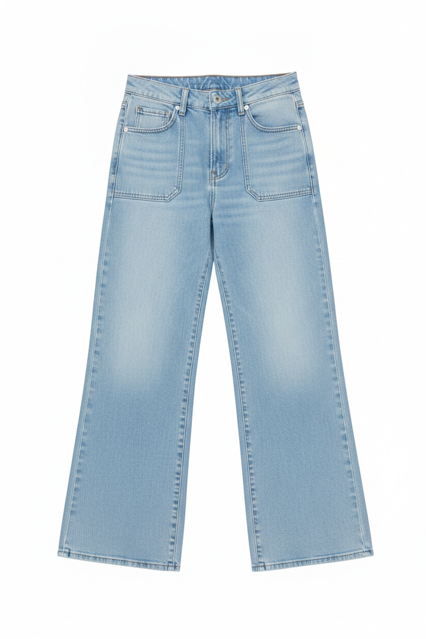 Denim Patch Pocket High-Waist Wide-Leg Jeans