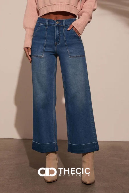 Denim Patch Pocket Wide Leg Cuffed Pants
