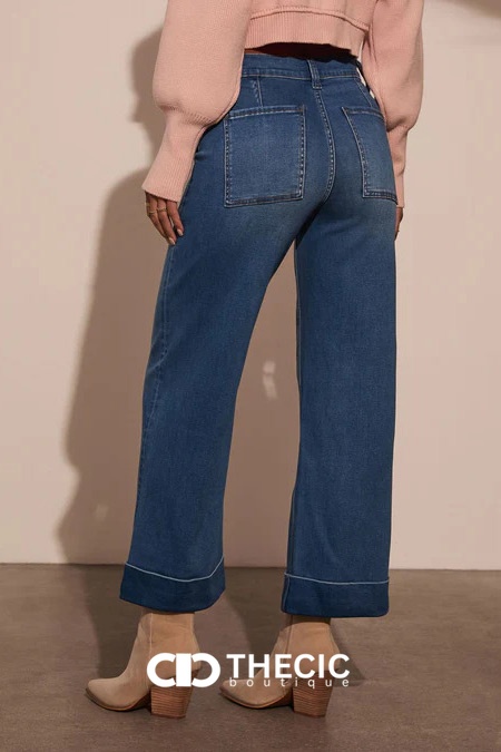 Denim Patch Pocket Wide Leg Cuffed Pants