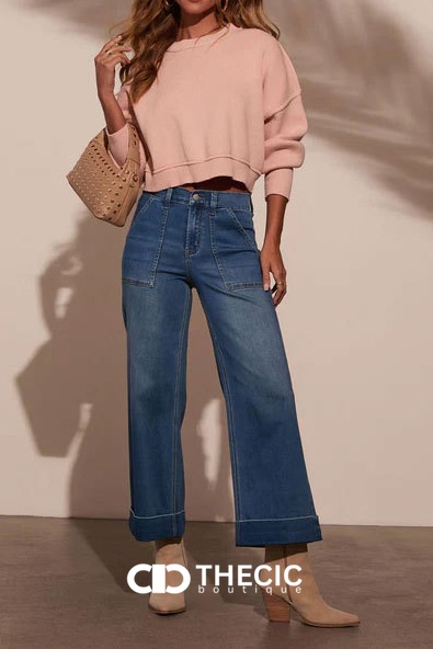 Denim Patch Pocket Wide Leg Cuffed Pants