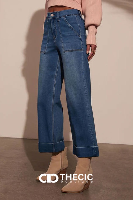 Denim Patch Pocket Wide Leg Cuffed Pants