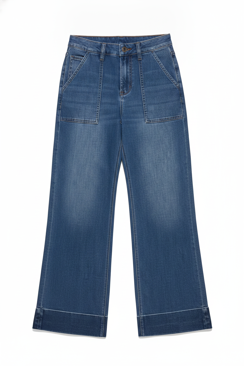 Denim Patch Pocket Wide Leg Cuffed Pants