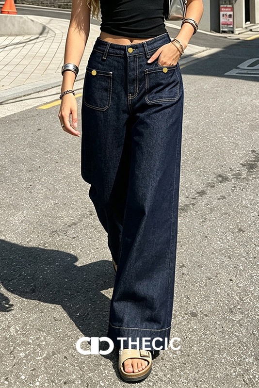 Denim Patch Pocket Wide-Leg Pants