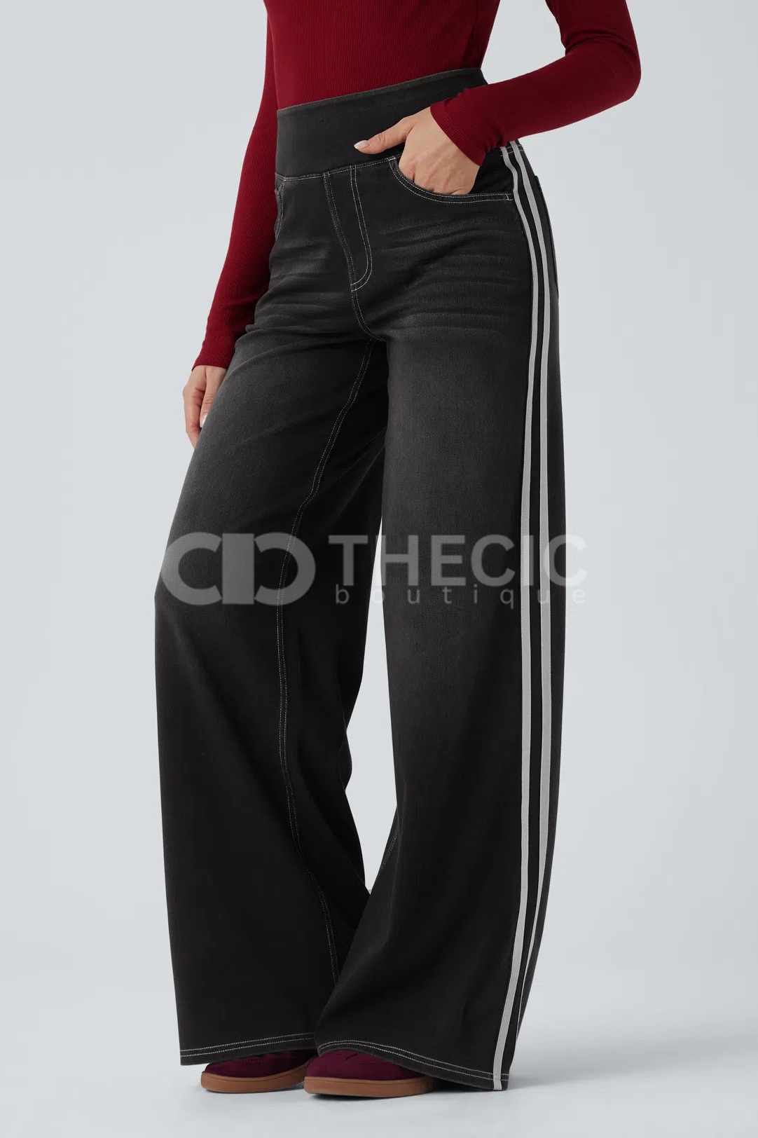Denim Side-Stripe Wide-Leg Pull-On Pants