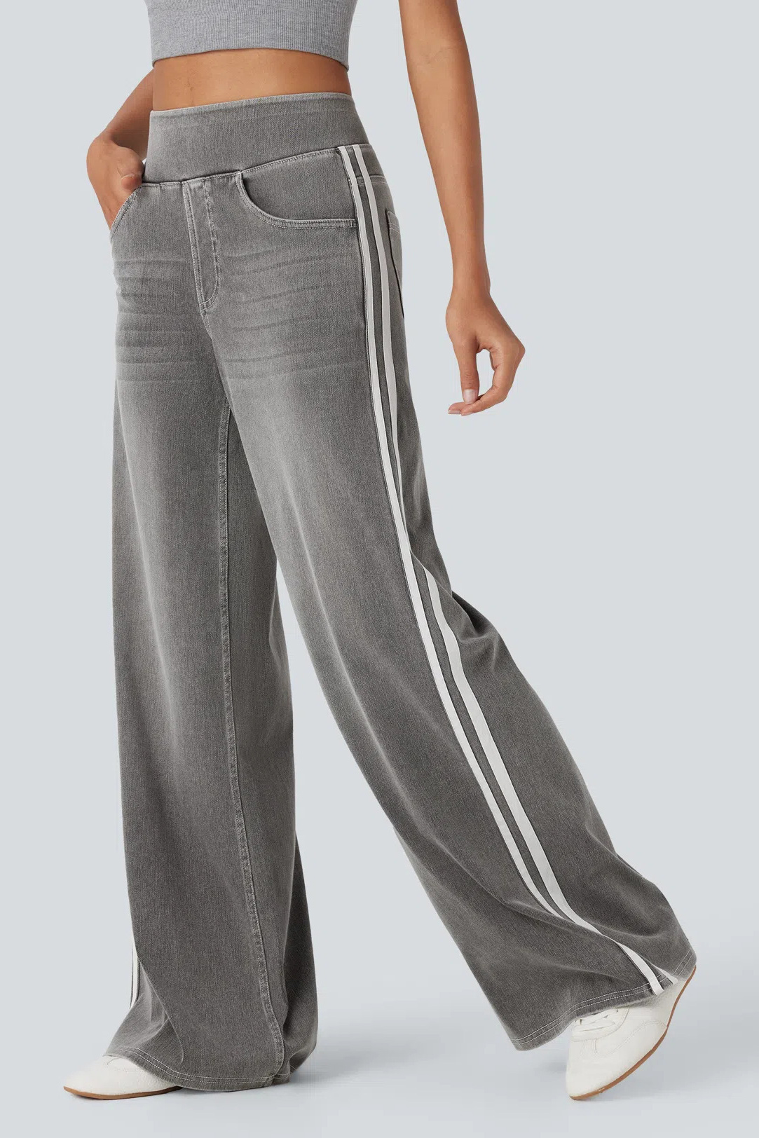 Denim Side-Stripe Wide-Leg Pull-On Pants