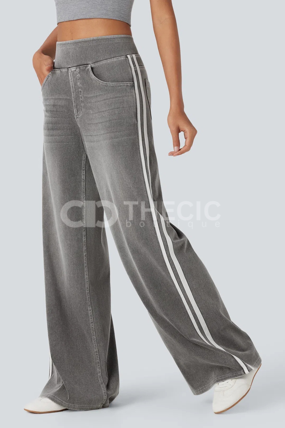 Denim Side-Stripe Wide-Leg Pull-On Pants