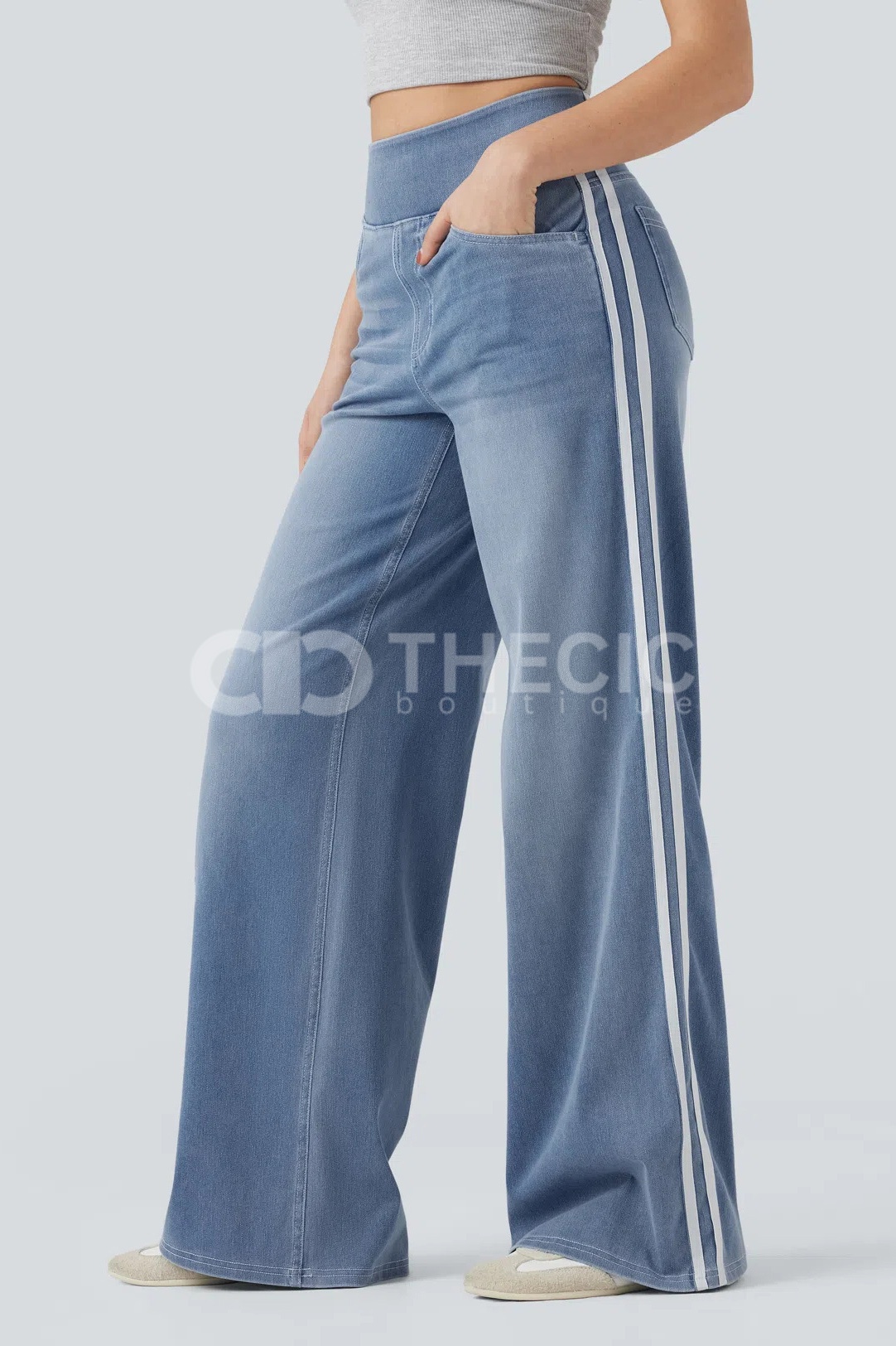 Denim Side-Stripe Wide-Leg Pull-On Pants