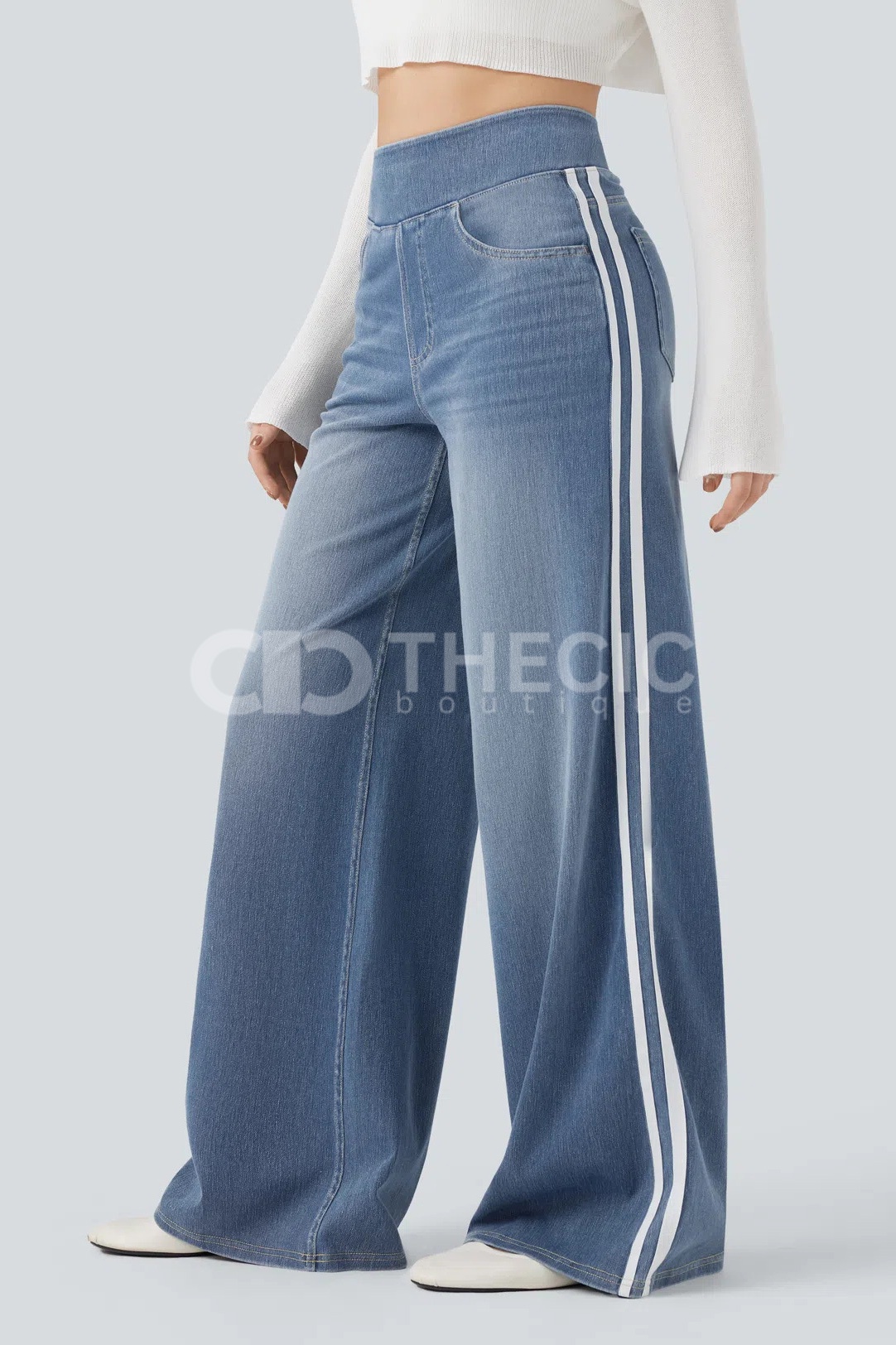 Denim Side-Stripe Wide-Leg Pull-On Pants