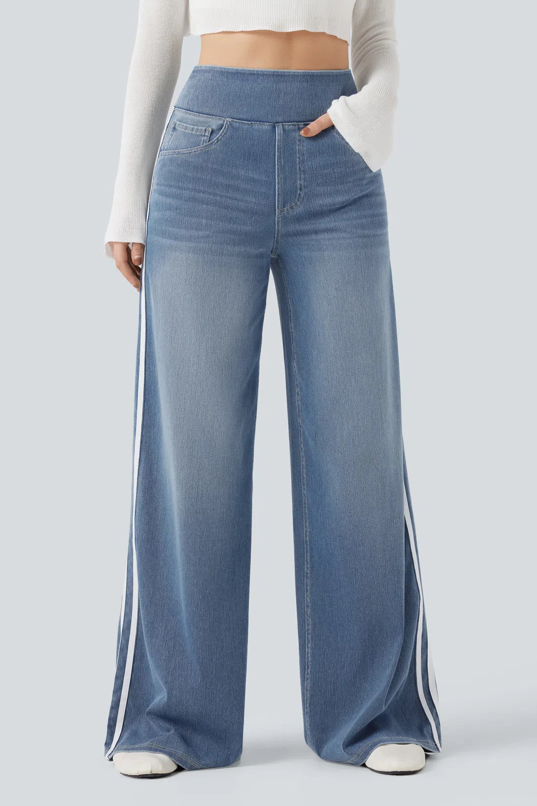 Denim Side-Stripe Wide-Leg Pull-On Pants