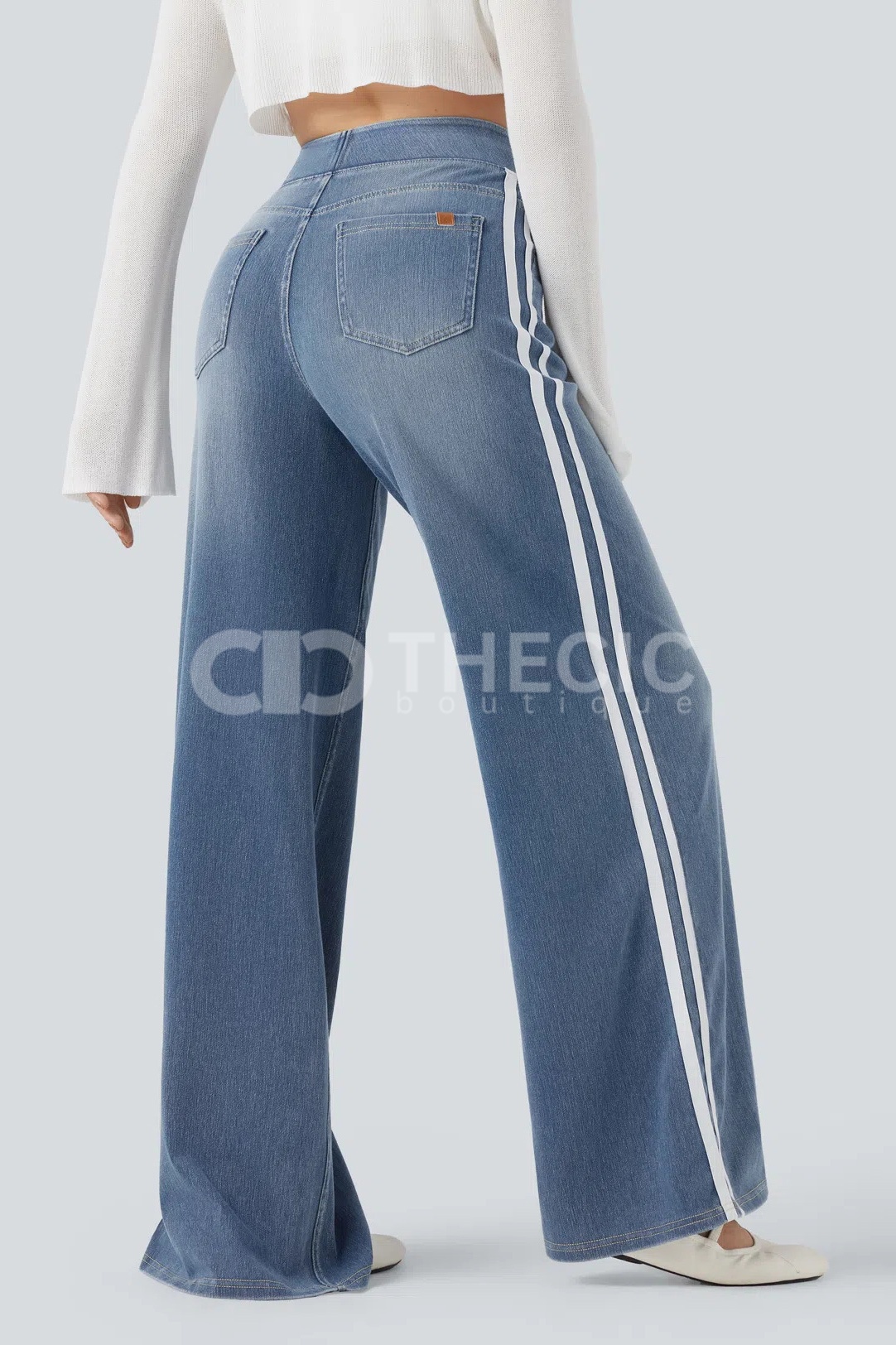 Denim Side-Stripe Wide-Leg Pull-On Pants