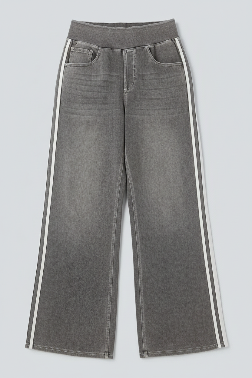 Denim Side-Stripe Wide-Leg Pull-On Pants