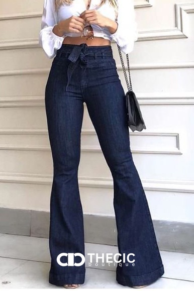 Denim Tie-Waist High-Rise Flared Pants