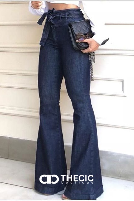 Denim Tie-Waist High-Rise Flared Pants