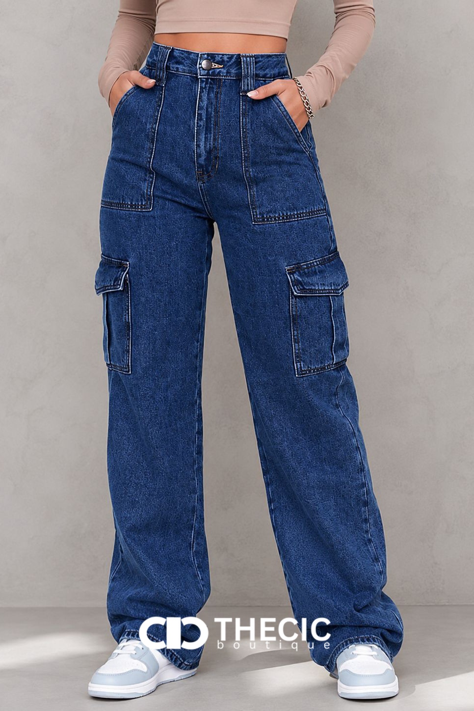 Denim Wide-Leg Cargo Pants with Utility Pockets