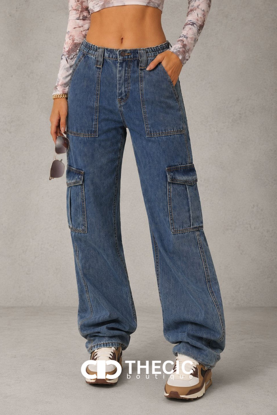 Denim Wide-Leg Cargo Pants with Utility Pockets
