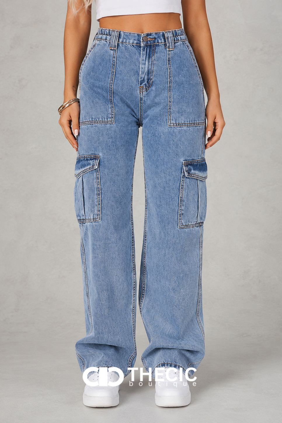 Denim Wide-Leg Cargo Pants with Utility Pockets
