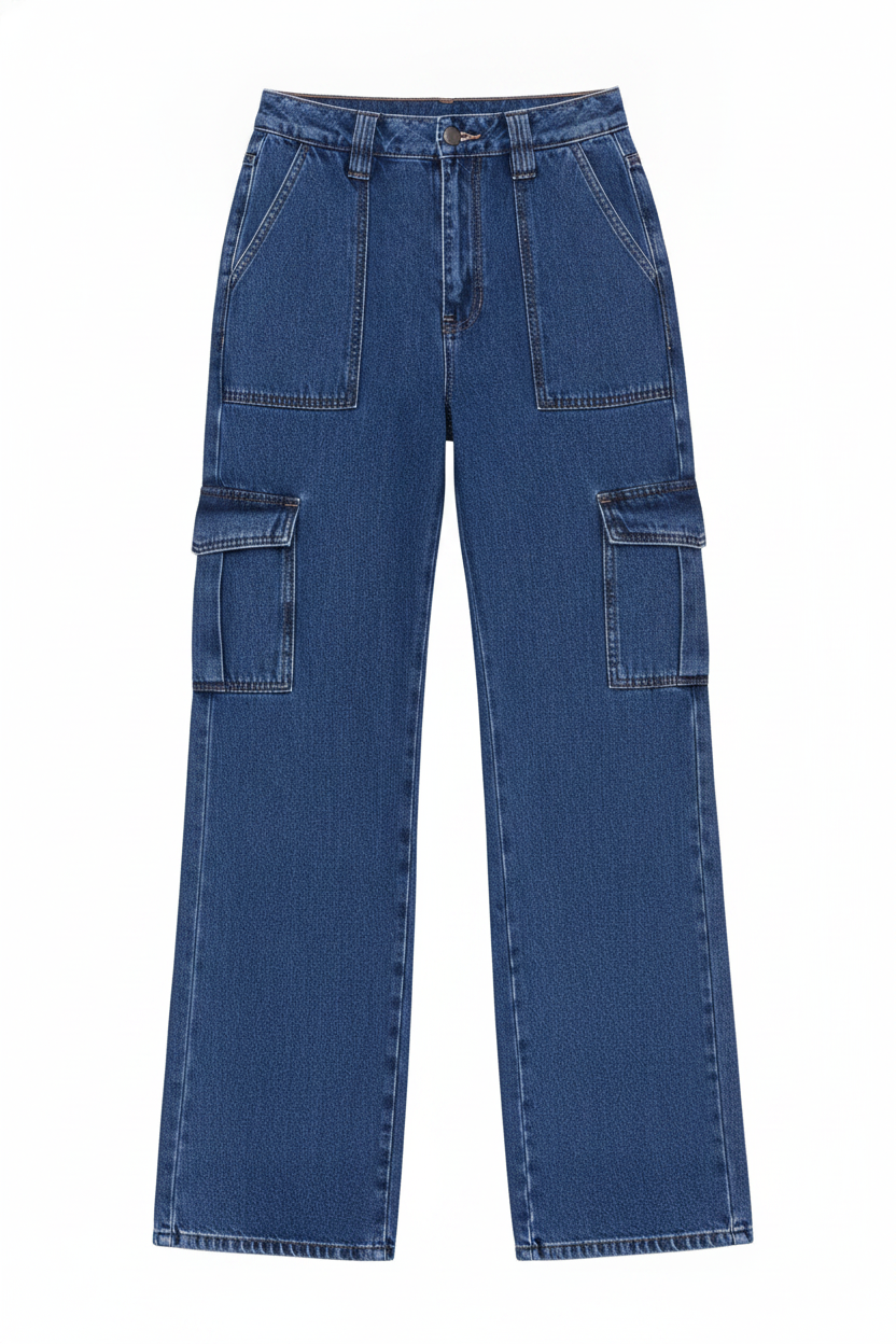 Denim Wide-Leg Cargo Pants with Utility Pockets