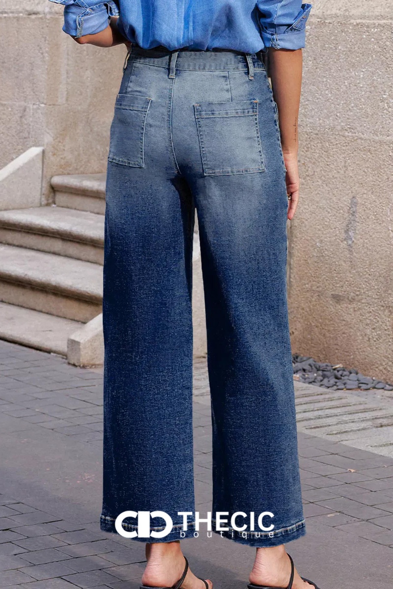 Denim Wide-Leg Patch Pocket Pants