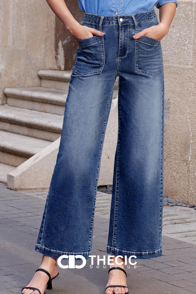 Denim Wide-Leg Patch Pocket Pants