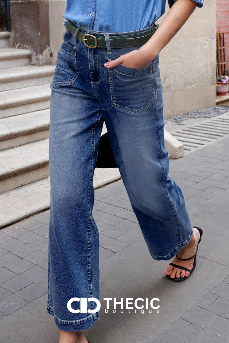Denim Wide-Leg Patch Pocket Pants
